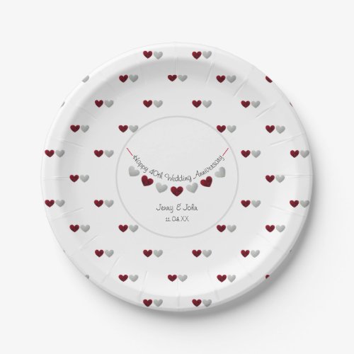 40th Ruby Wedding Anniversary red heart bunting Paper Plates