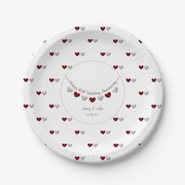 40th Ruby Wedding Anniversary red heart bunting Paper Plates (Front)