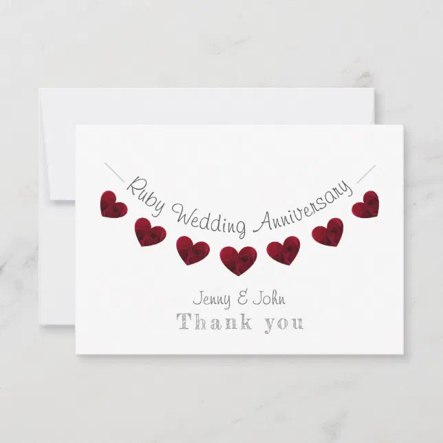40th Ruby Wedding Anniversary red heart bunting Thank You Card | Zazzle