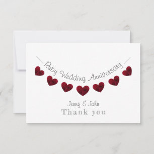 40th Ruby Wedding Anniversary red heart bunting Thank You Card