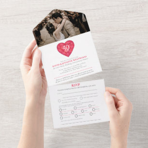40th Ruby wedding anniversary red heart RSVP photo All In One Invitation