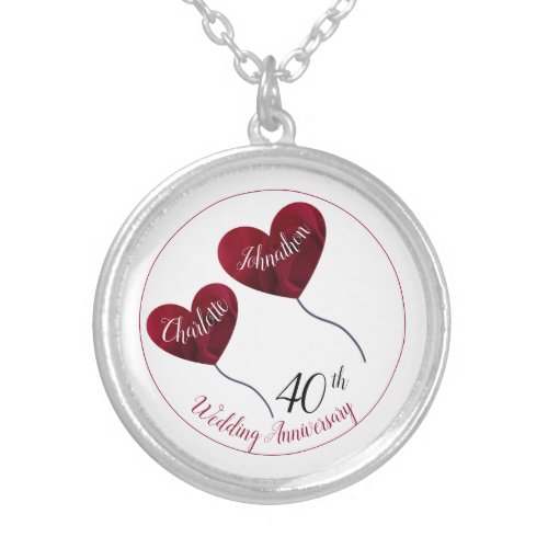 40th ruby wedding anniversary red heart silver plated necklace