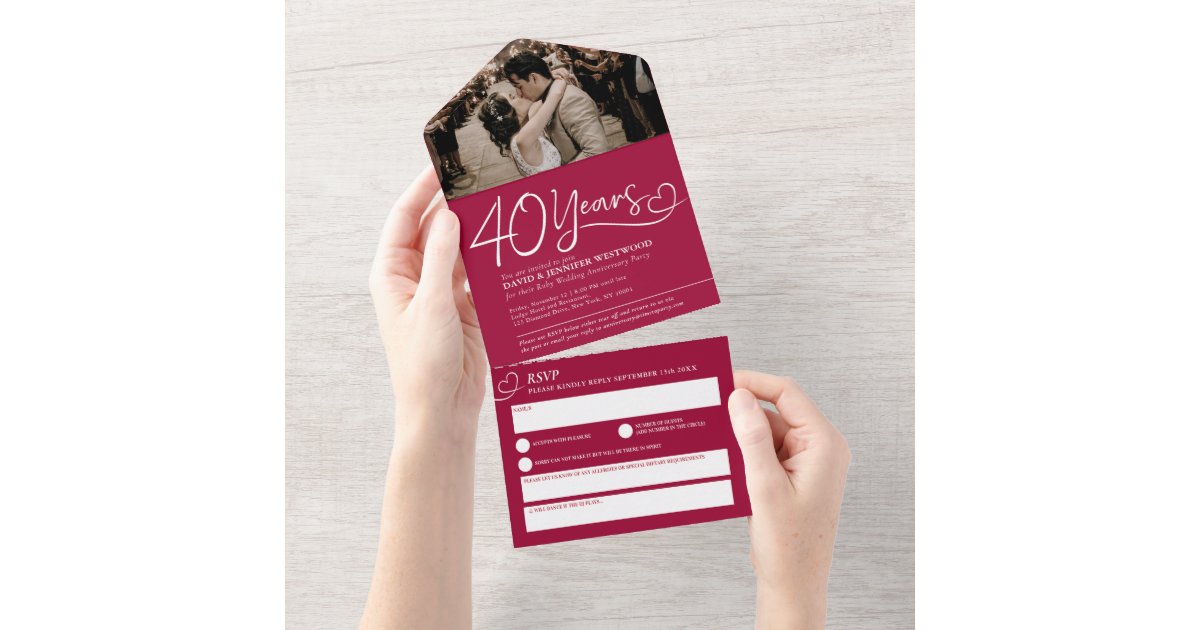 40th Ruby wedding anniversary red meal RSVP photo All In One Invitation ...