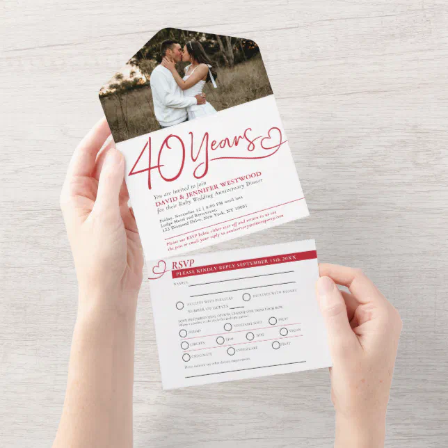 40th Ruby wedding anniversary red meal RSVP photo All In One Invitation ...