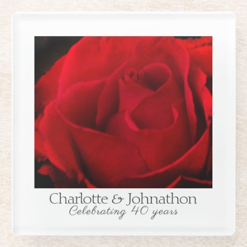 40th Ruby Wedding Anniversary Red Rose Glass Coaster