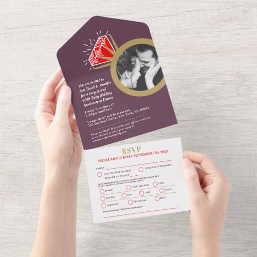 40th Ruby wedding anniversary ring meal RSVP photo All In One Invitation