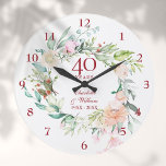 40th Ruby Wedding Anniversary Roses Floral Large Clock<br><div class="desc">Featuring a delicate watercolor floral garland,  this chic botanical 40th wedding anniversary clock can be personalised with your special ruby anniversary details set in elegant typography. Designed by Thisisnotme©</div>