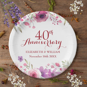 40th Ruby Wedding Anniversary Roses Floral Paper Plates