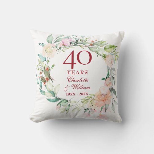 40th Ruby Wedding Anniversary Roses Garland Photo Throw Pillow