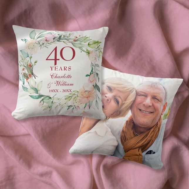 40th Ruby Wedding Anniversary Roses Garland Photo Throw Pillow (40th Ruby Wedding Anniversary Roses Garland Photo Throw Pillow)