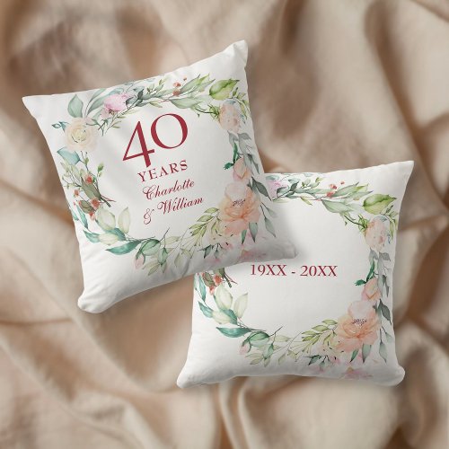 40th Ruby Wedding Anniversary Roses Garland  Throw Pillow