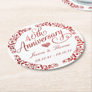 40th Ruby Wedding Anniversary Round Paper Coaster