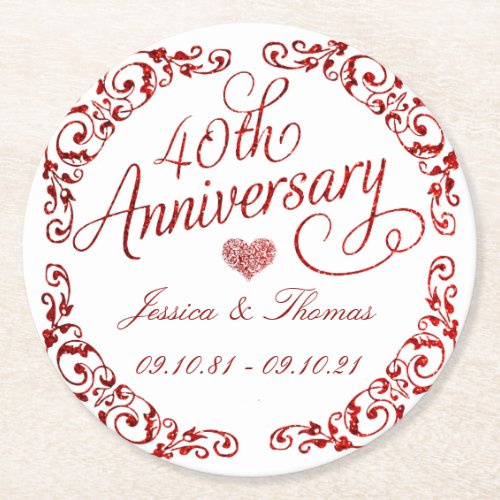 40th Ruby Wedding Anniversary Round Paper Coaster