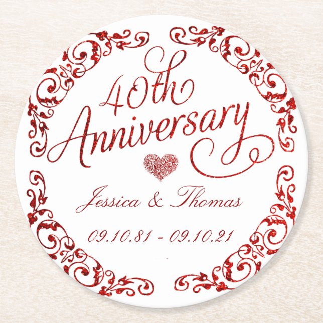 40th Ruby Wedding Anniversary Round Paper Coaster (Front)