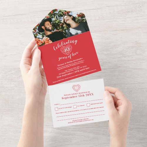 40th ruby wedding anniversary RSVP photo red white All In One Invitation