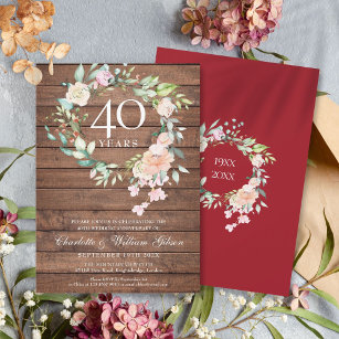 40th Ruby Wedding Anniversary Rustic Wood Floral Invitation