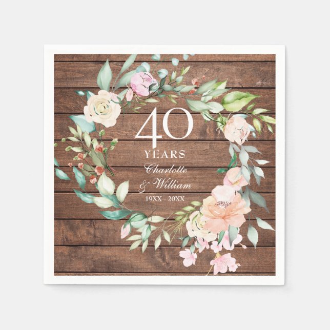 40th Ruby Wedding Anniversary Rustic Wood Napkins (Front)