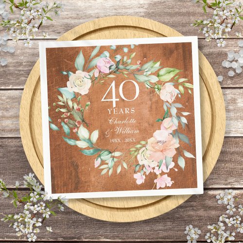 40th Ruby Wedding Anniversary Rustic Wood Roses Napkins