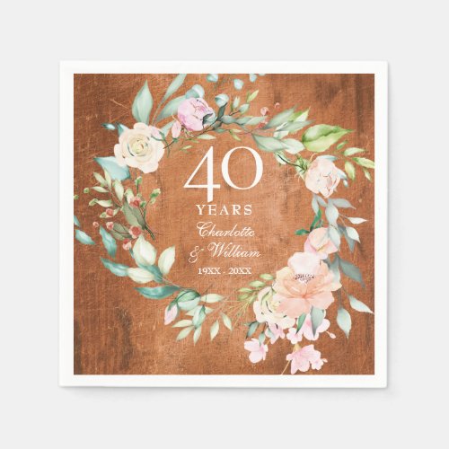 40th Ruby Wedding Anniversary Rustic Wood Roses Napkins