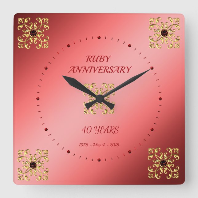 40th Ruby Wedding Anniversary Square Wall Clock (Front)
