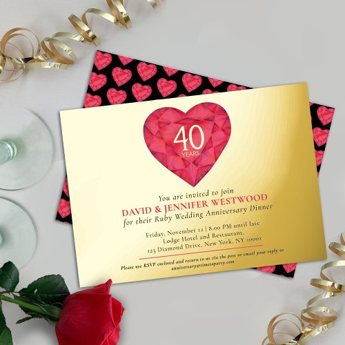 40th Ruby Wedding Anniversary watercolor heart  Foil Invitation