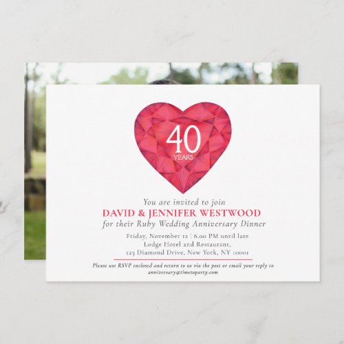 40th Ruby Wedding Anniversary watercolor heart  Invitation