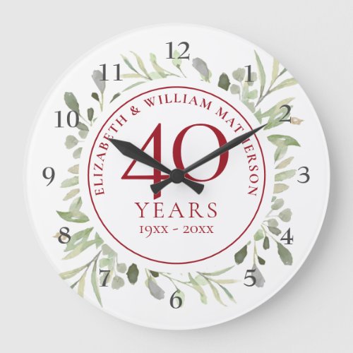 40th Ruby Wedding Anniversary Watercolor Leaves  Large Clock