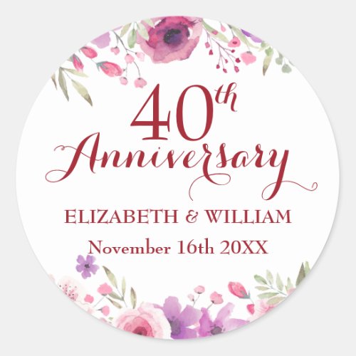 40th Ruby Wedding Anniversary Watercolor Roses Classic Round Sticker
