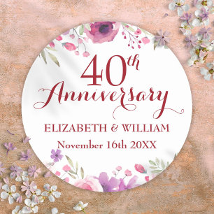 40th Ruby Wedding Anniversary Watercolor Roses Classic Round Sticker