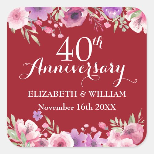 40th ruby Wedding Anniversary Watercolor Roses Square Sticker