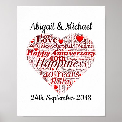 40th Ruby Wedding Anniversary Word Art Print