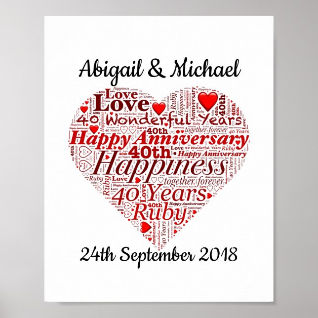 40th Ruby Wedding Anniversary Word Art Print (Front)