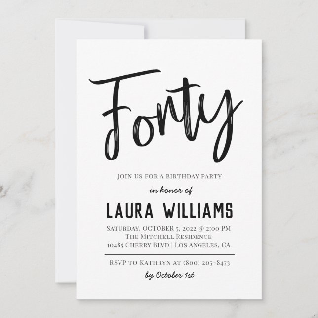 40th Script Word Birthday Invitation (Front)
