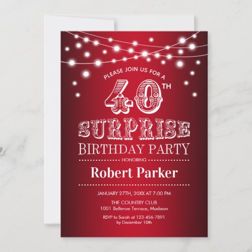 40th Surprise Birthday _ Black Red White Invitation