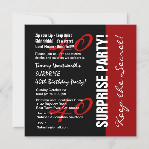 40th SURPRISE Birthday Black Red White W1895 Personalized Invitations