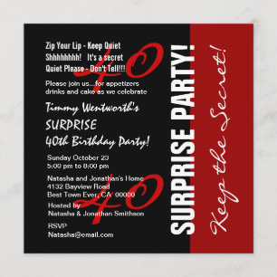 40th SURPRISE Birthday Black Red White W1895 Invitation