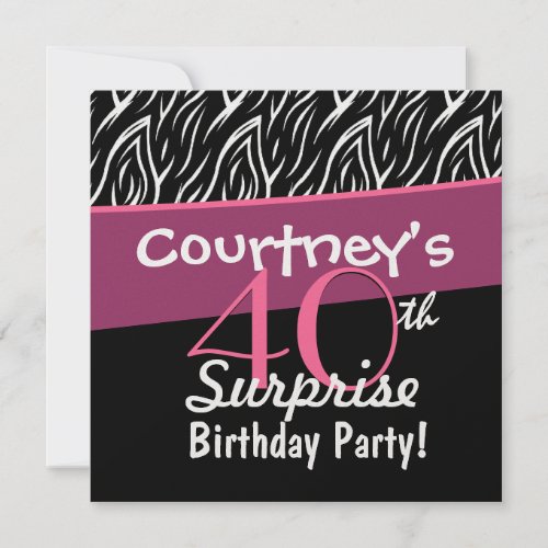 40th Surprise Birthday Black White Zebra Flames Personalized Announcements