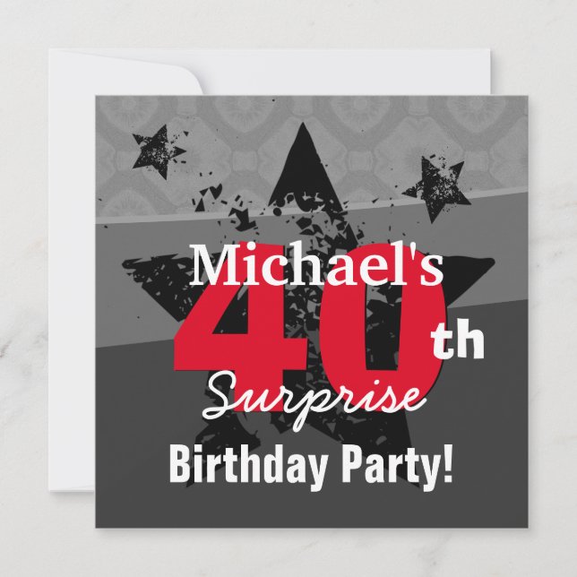 40th Surprise Birthday Charcoal and Red Grunge C40 Invitation (Front)