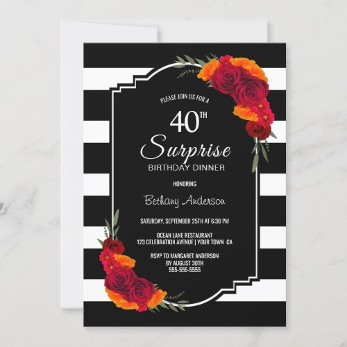 40th Surprise Birthday Dinner Black White Striped Invitation