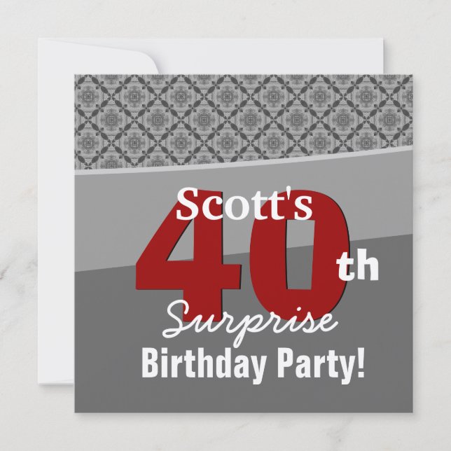 40th Surprise Birthday Gray Red Diamonds R274 Invitation (Front)