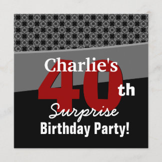 40th Surprise Birthday Modern Black White Red Gray Invitation