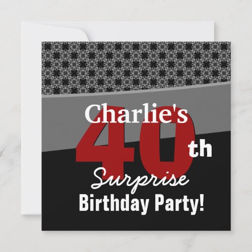 40th Surprise Birthday Modern Black White Red Gray Invite