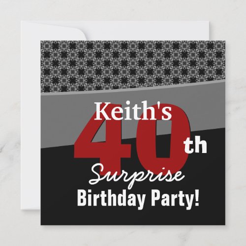 40th Surprise Birthday Modern Black White Red V04 Custom Invites