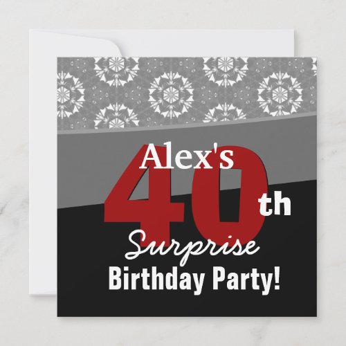 40th Surprise Birthday Modern Black White Red V13 Custom Invites