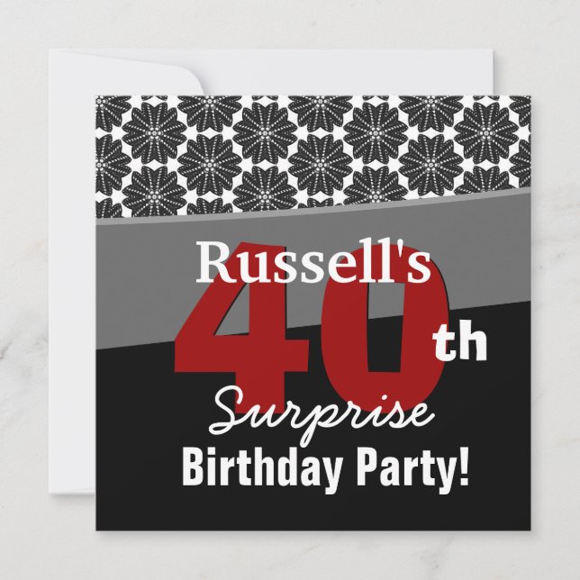 40th Surprise Birthday Modern Black White Red V34 Invitation (Front)