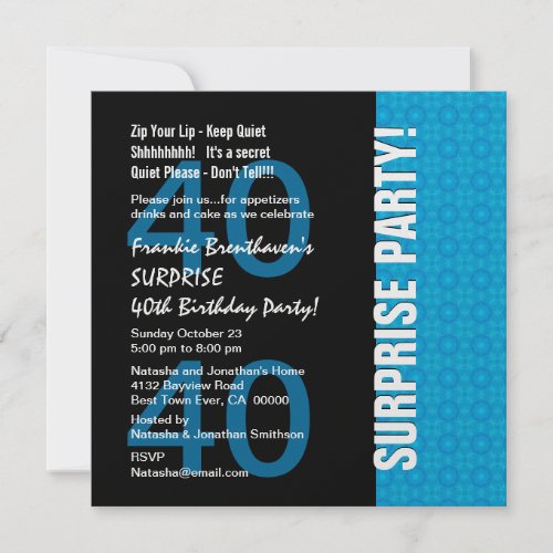 40th Surprise Birthday Modern Turquoise Blue W1780 Invite