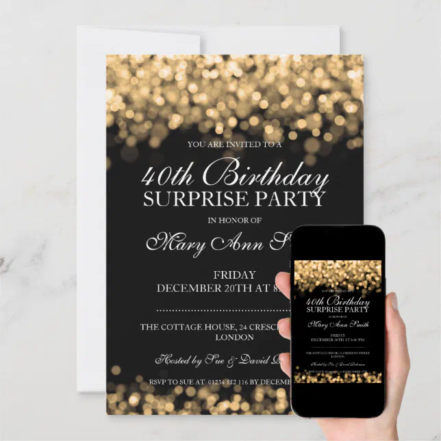 40th Surprise Birthday Party Gold Lights Invitation | Zazzle