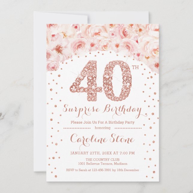 40th Surprise Birthday Party - White Rose Gold Invitation (Front)