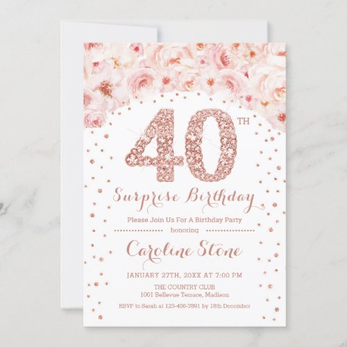 40th Surprise Birthday Party _ White Rose Gold Invitation