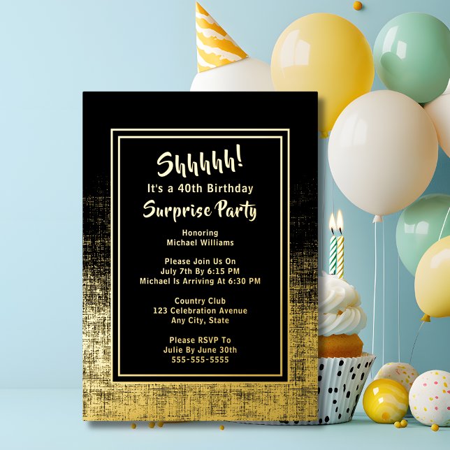 40th Surprise Birthday Photo on Back Black & Gold Foil Invitation (Creator Uploaded)